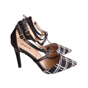 Qupid Women's Size 6 Black & White Plaid Strappy Pointed Toe High Heels